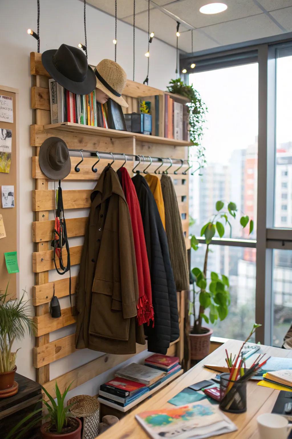 An artistic DIY wall-mounted clothing rack inside a studio.