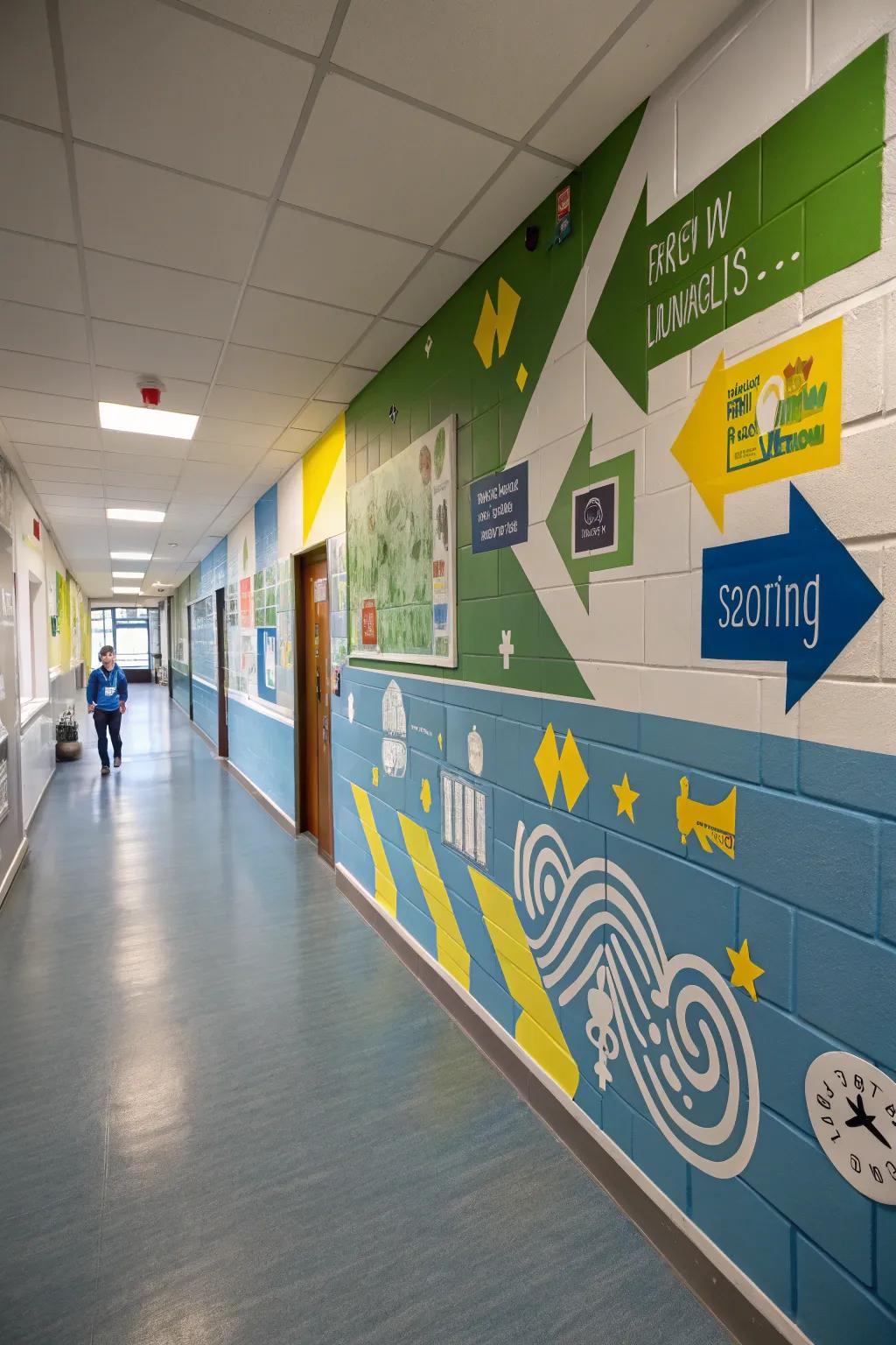 Navigation graphics add both functionality and fun to this school corridor.