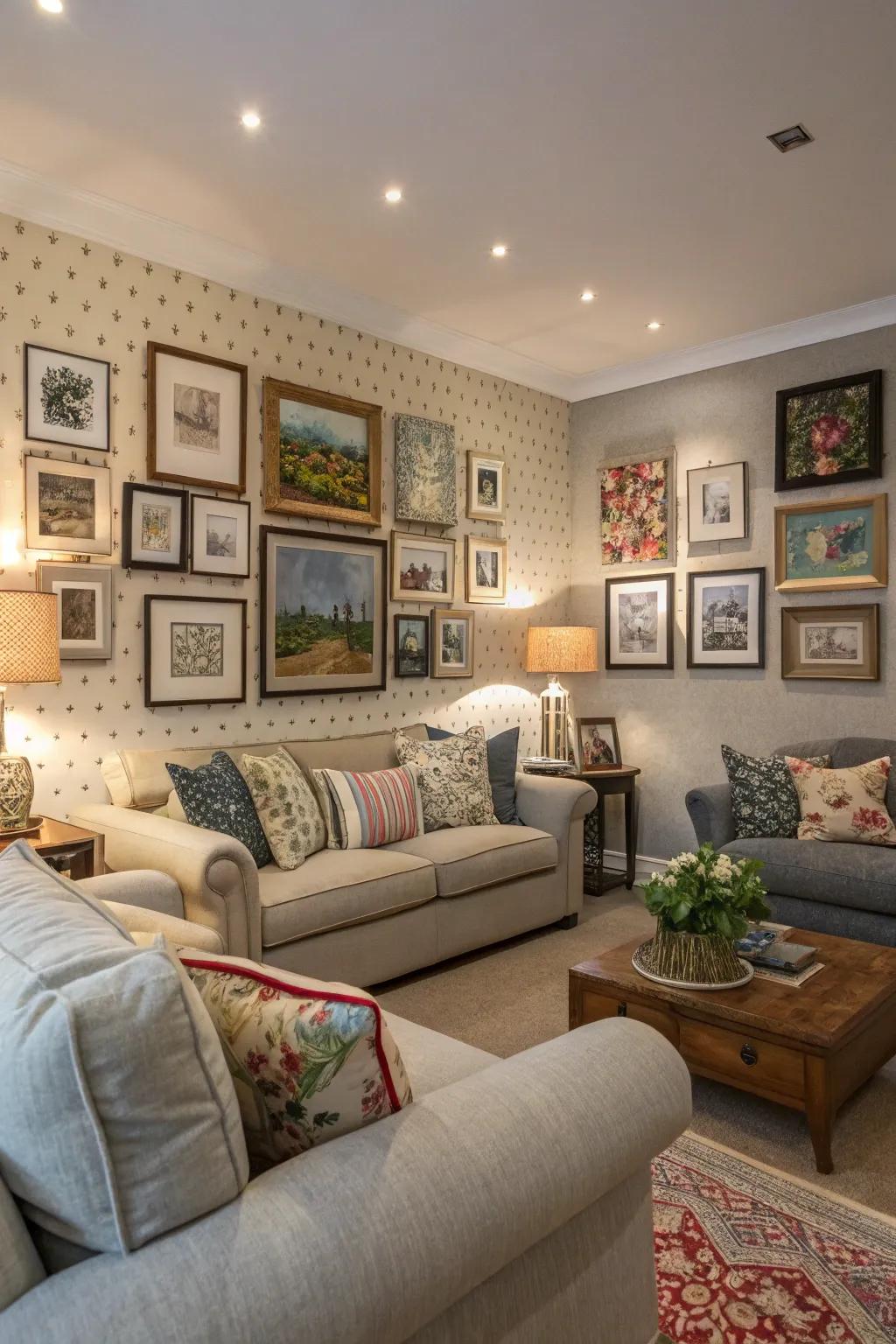 Decorative trims offer a superb backdrop for a gallery wall.