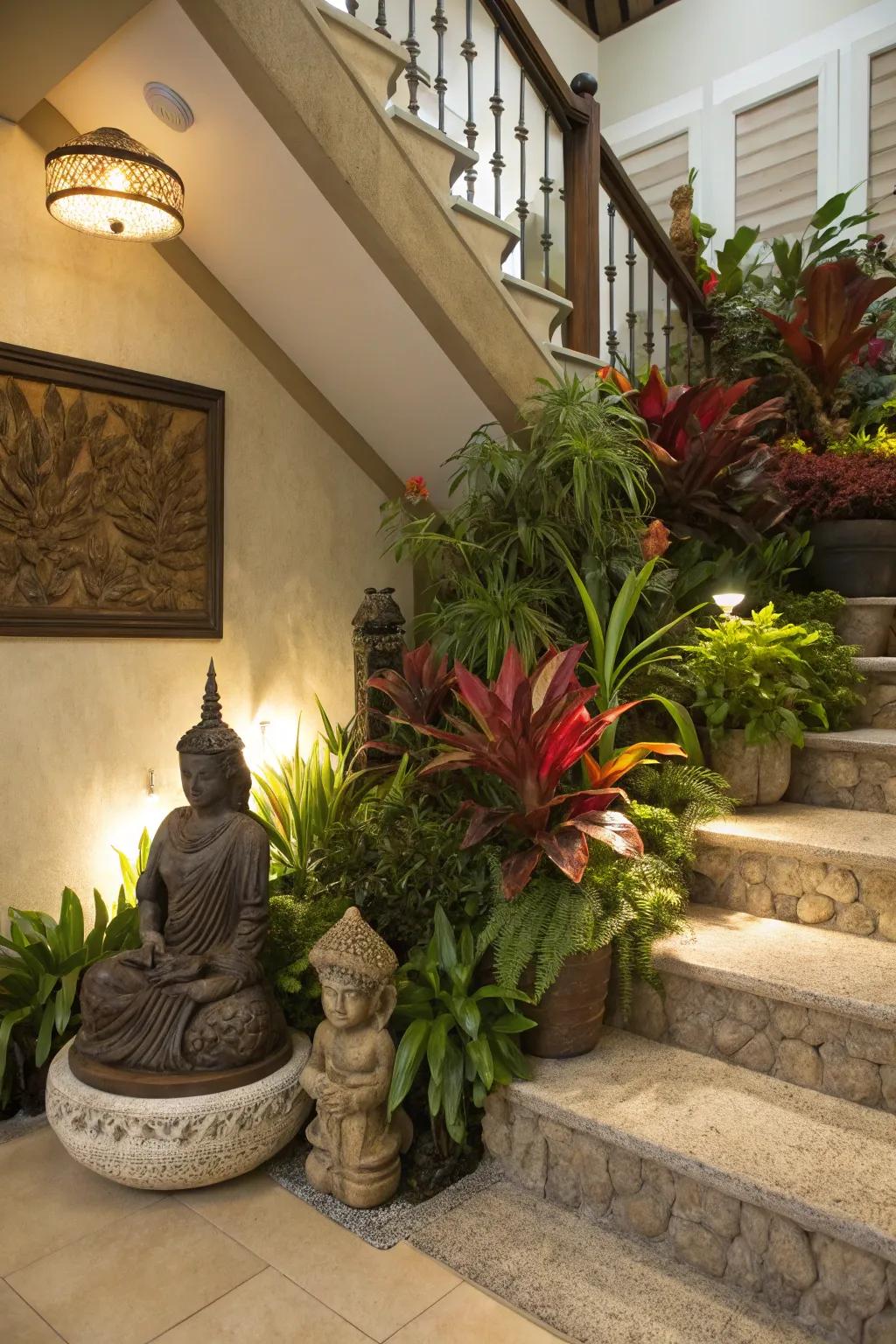 A decorative display beneath the stairs incorporates elegance and sophistication.