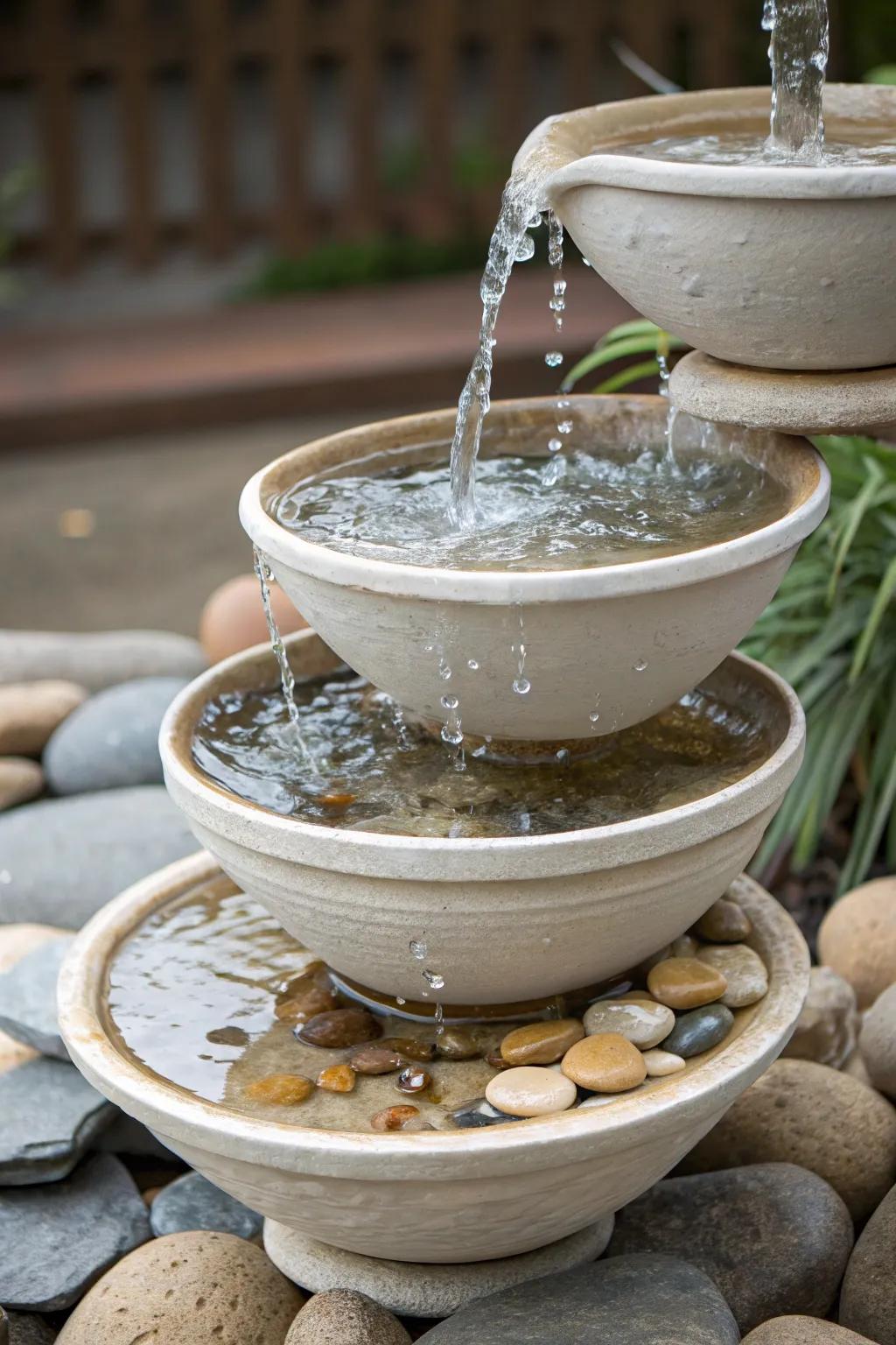 Tiered bowls fashion a simple yet elegant cascading waterfall.