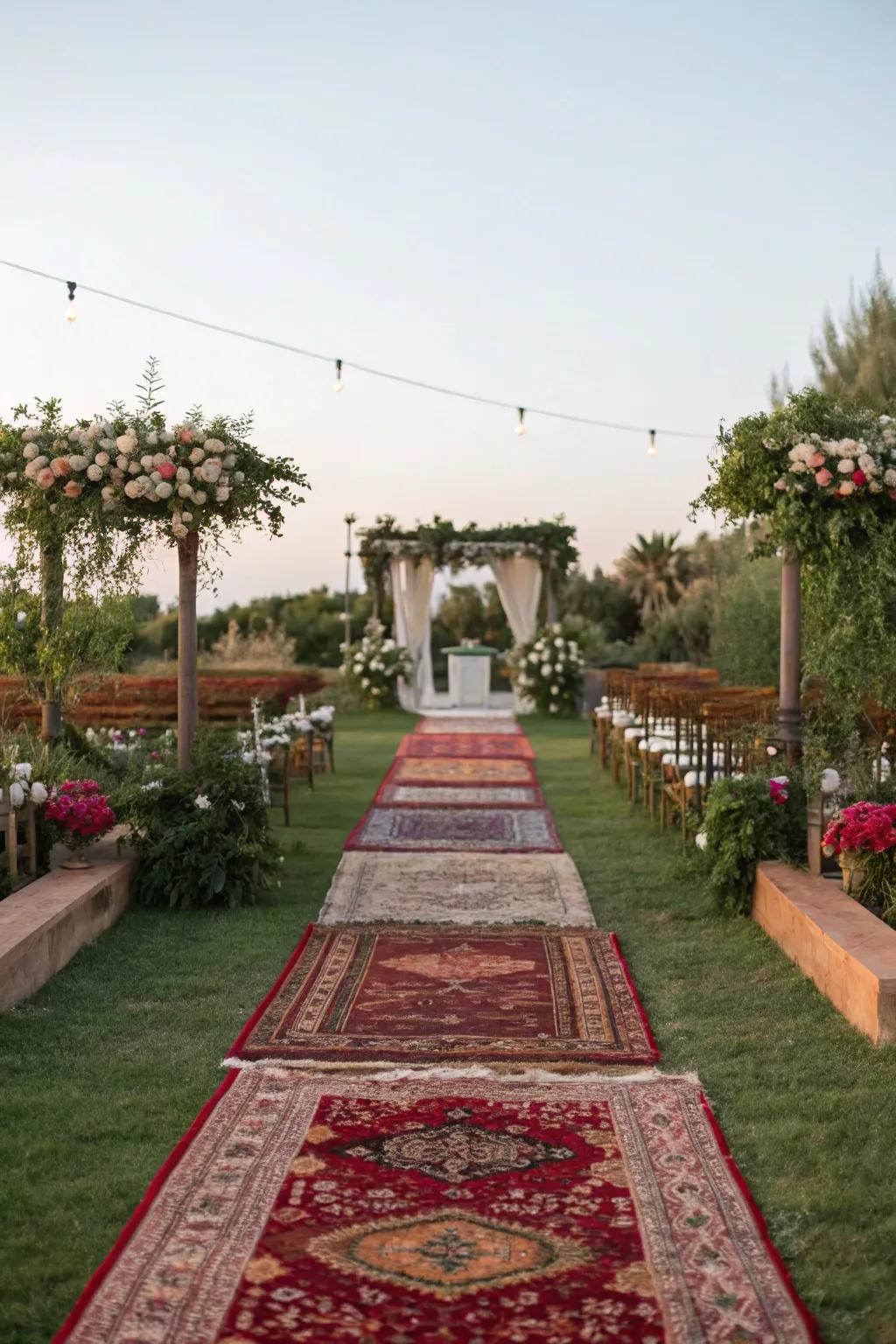 A vibrant and textured aisle featuring layered Persian rugs.