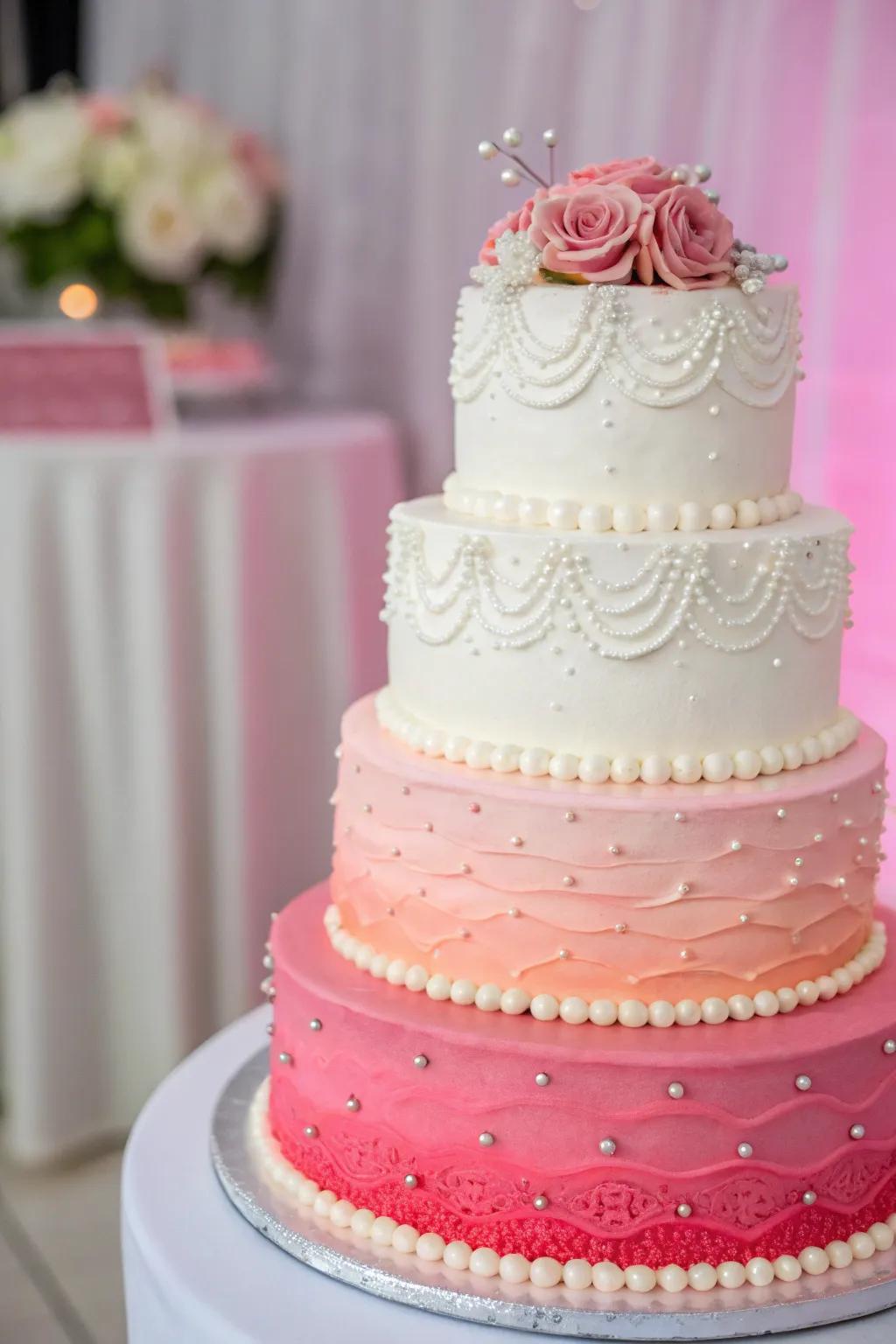 An ombre wedding cake that gracefully shifts from white to vibrant pink.