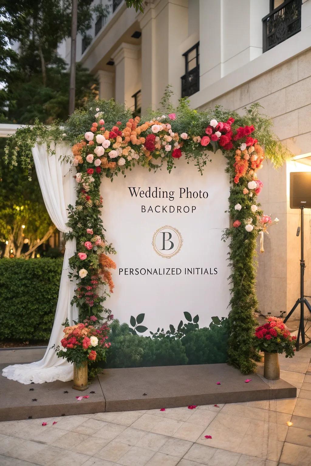 A stylish wedding photographic backdrop embellished with blossoms and individualized initials.