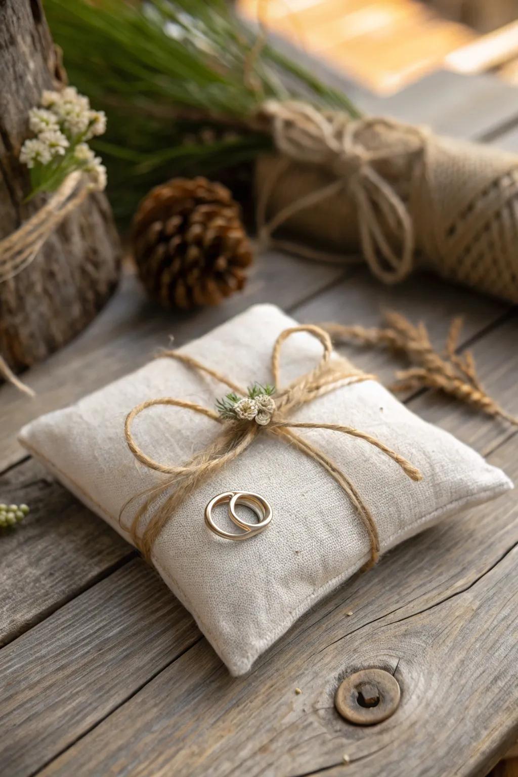 A minimalist natural linen wedding ring pillow accented with twine.