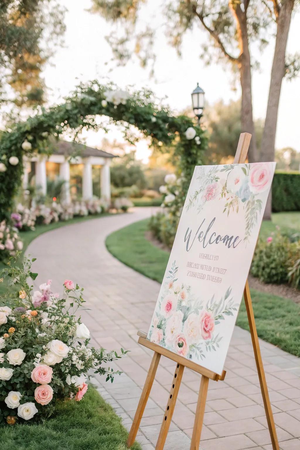 A whimsical watercolor welcome sign with pastel colors, ideal for a garden wedding.