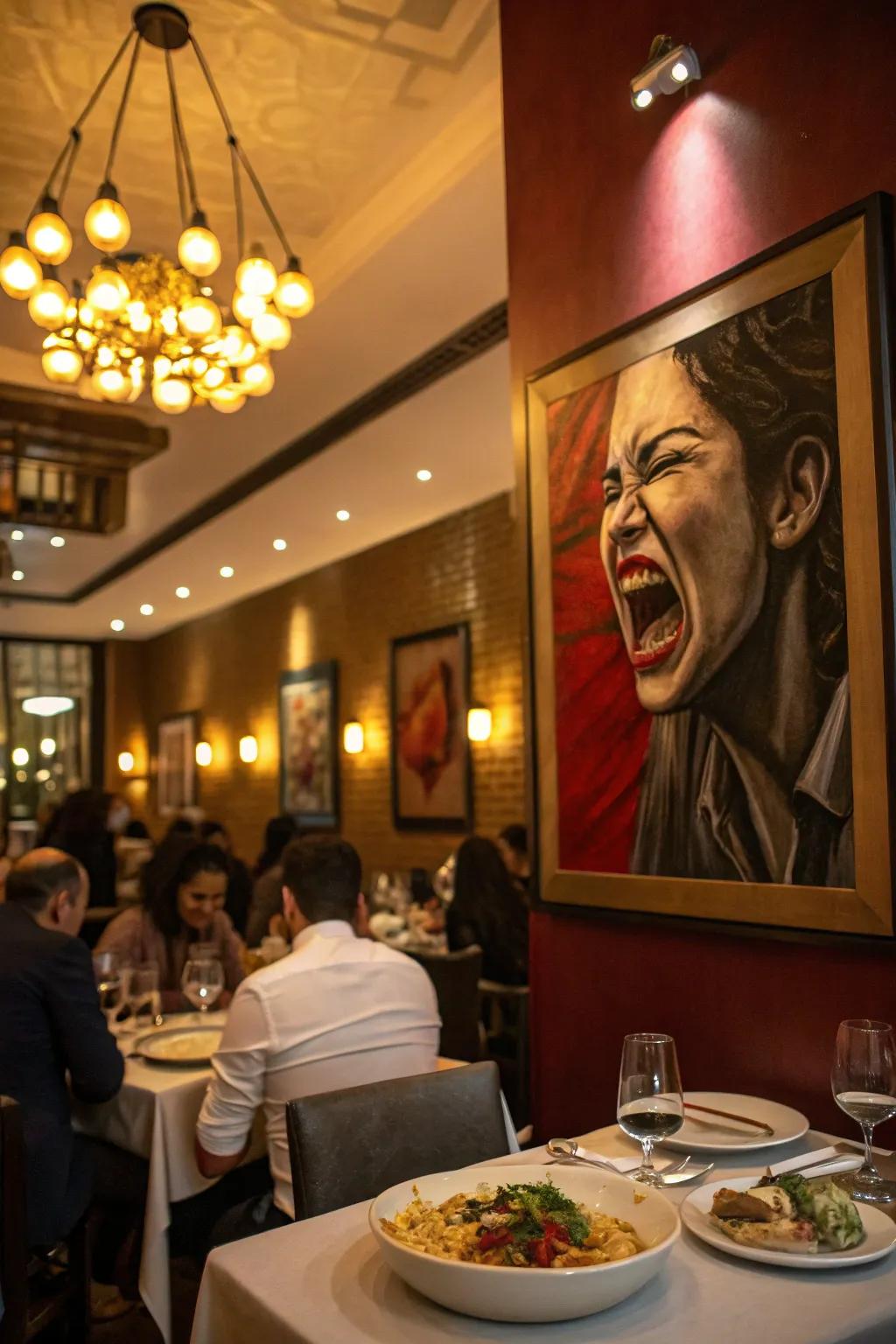 A visage exhibiting pronounced sentiments, infusing character into a lively meal space.