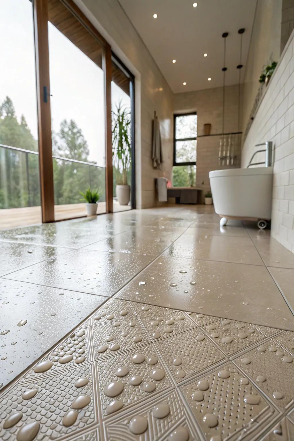 Textured tiles boost safety while sustaining an elegant design.
