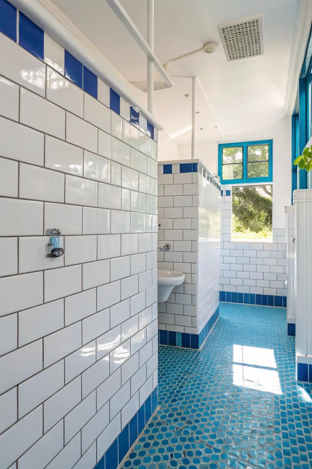 Azure filler introduces a lively and vibrant detail to white tiles.