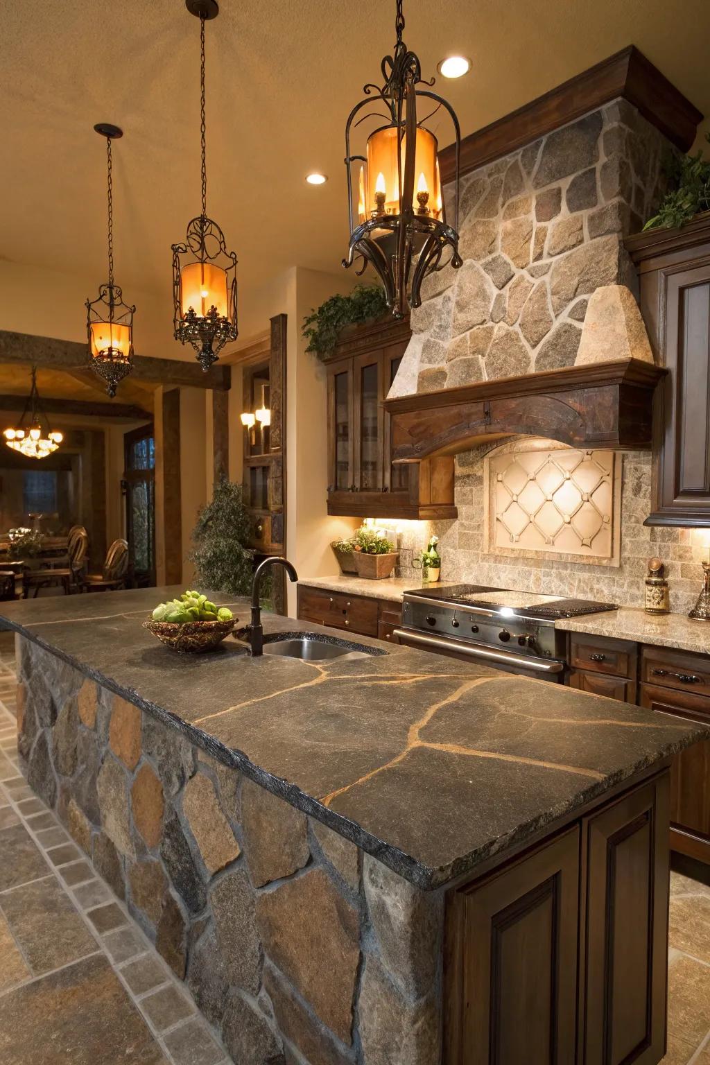 Lava rock countertops deliver a rugged yet luxurious touch to your kitchen.