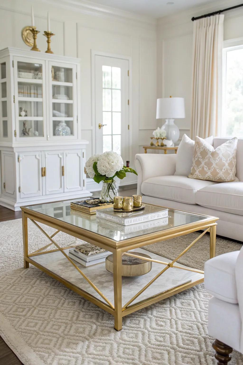 A gilded-rimmed center table acts as a fashionable focus.