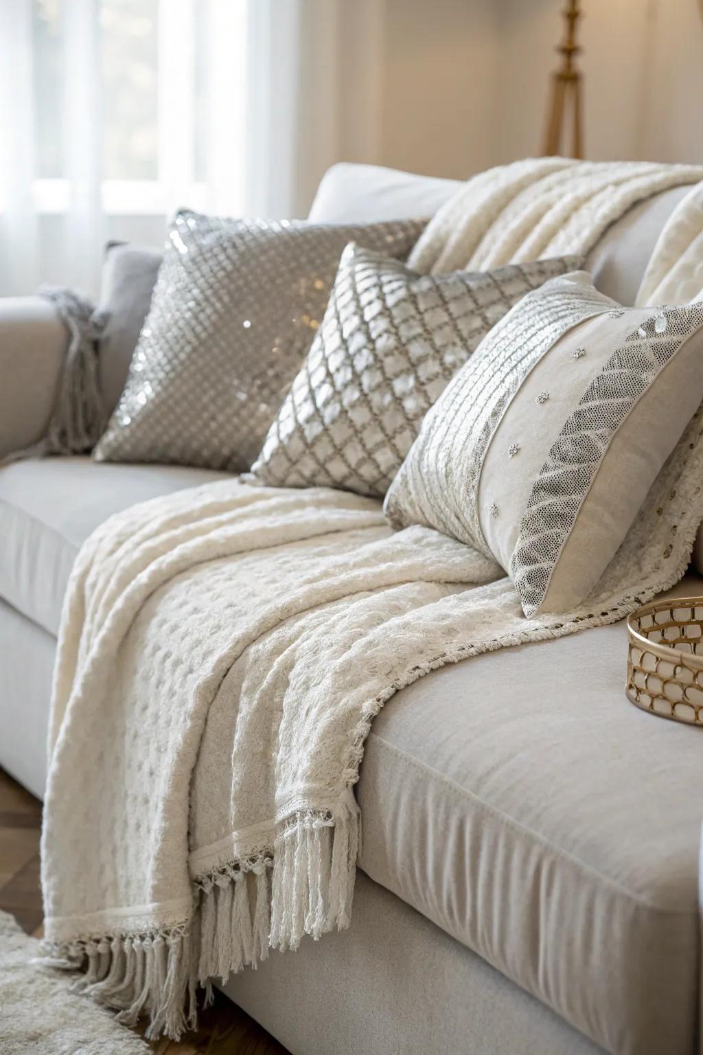 Add inviting elegance with textured white and silver throws and pillows.