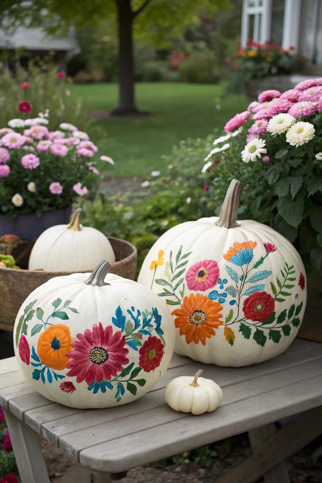 Pumpkins adorned with floral paintings for a hint of refinement.