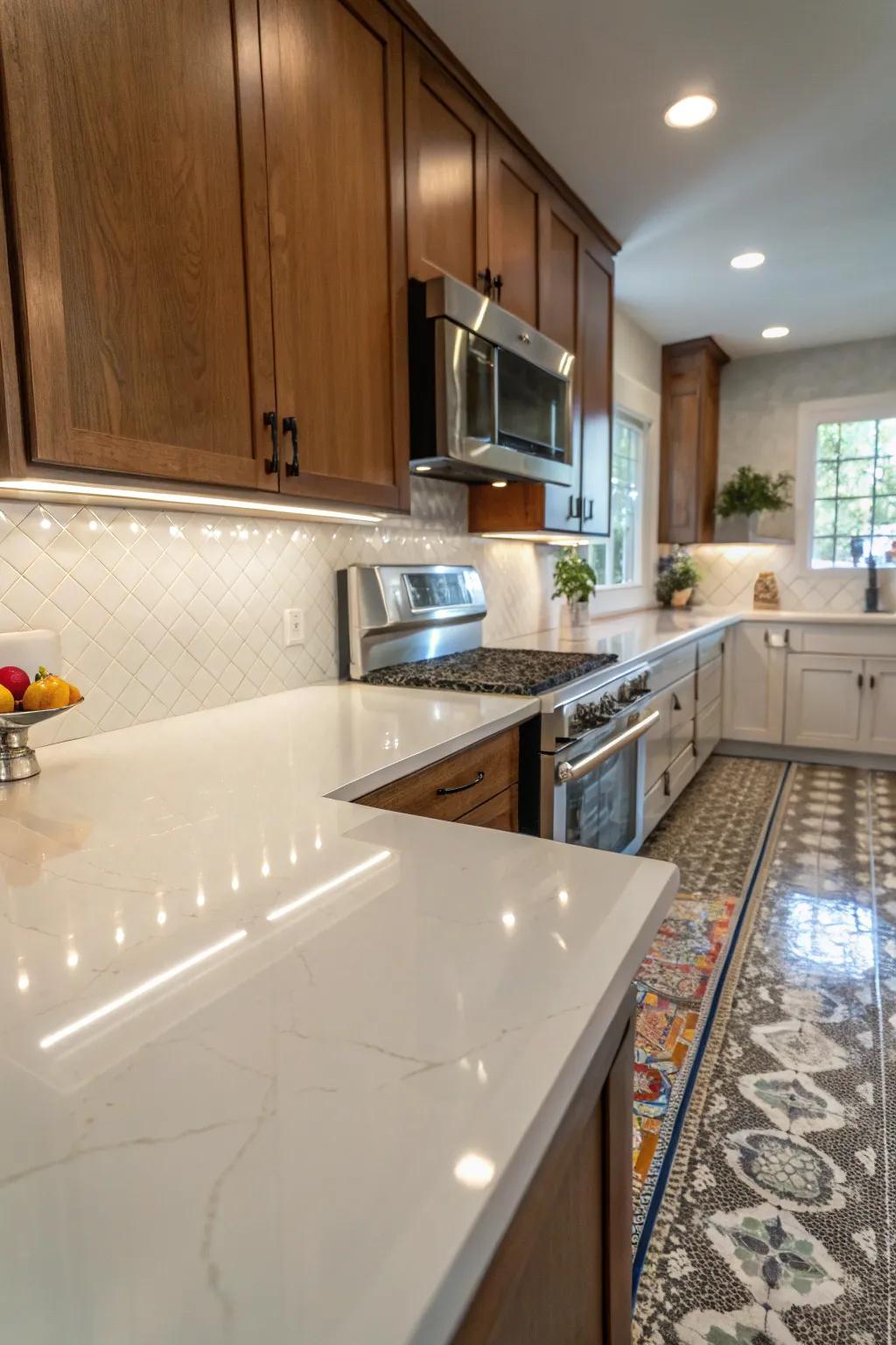Reflective stone composite backsplash brightens up the kitchen space.