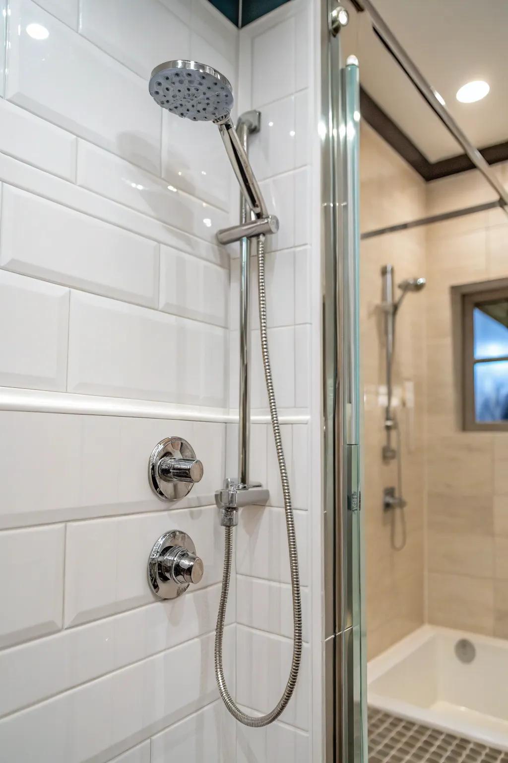 Modern metallic parts in a white shower setting.