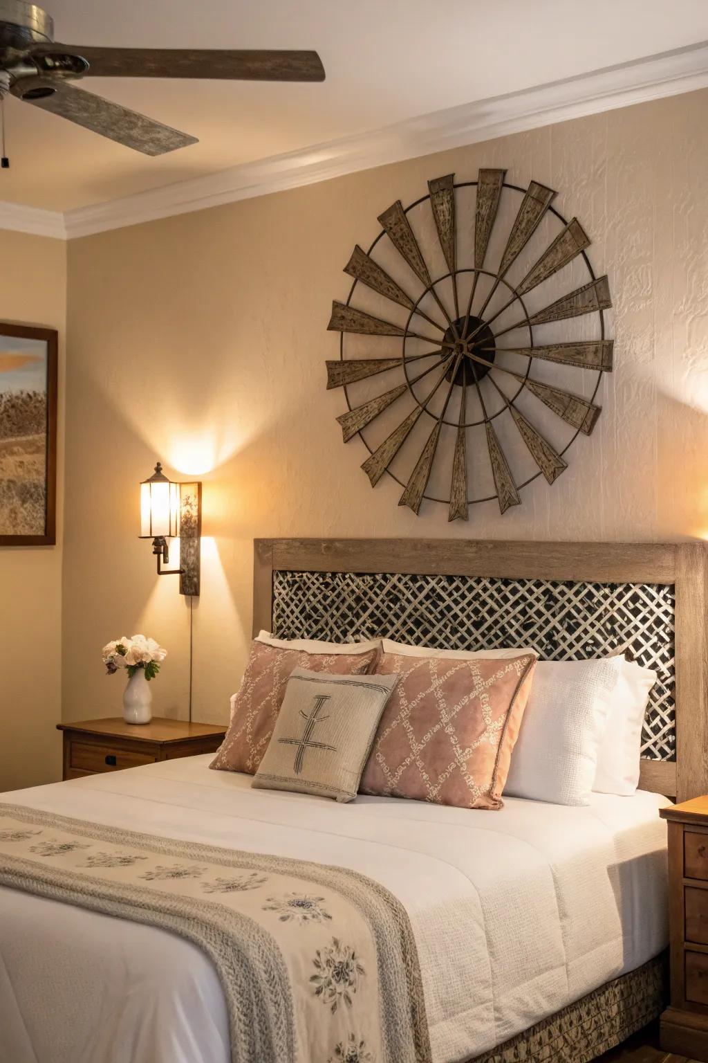 Soft-hued turbine decor transforms the bedroom into a retreat.