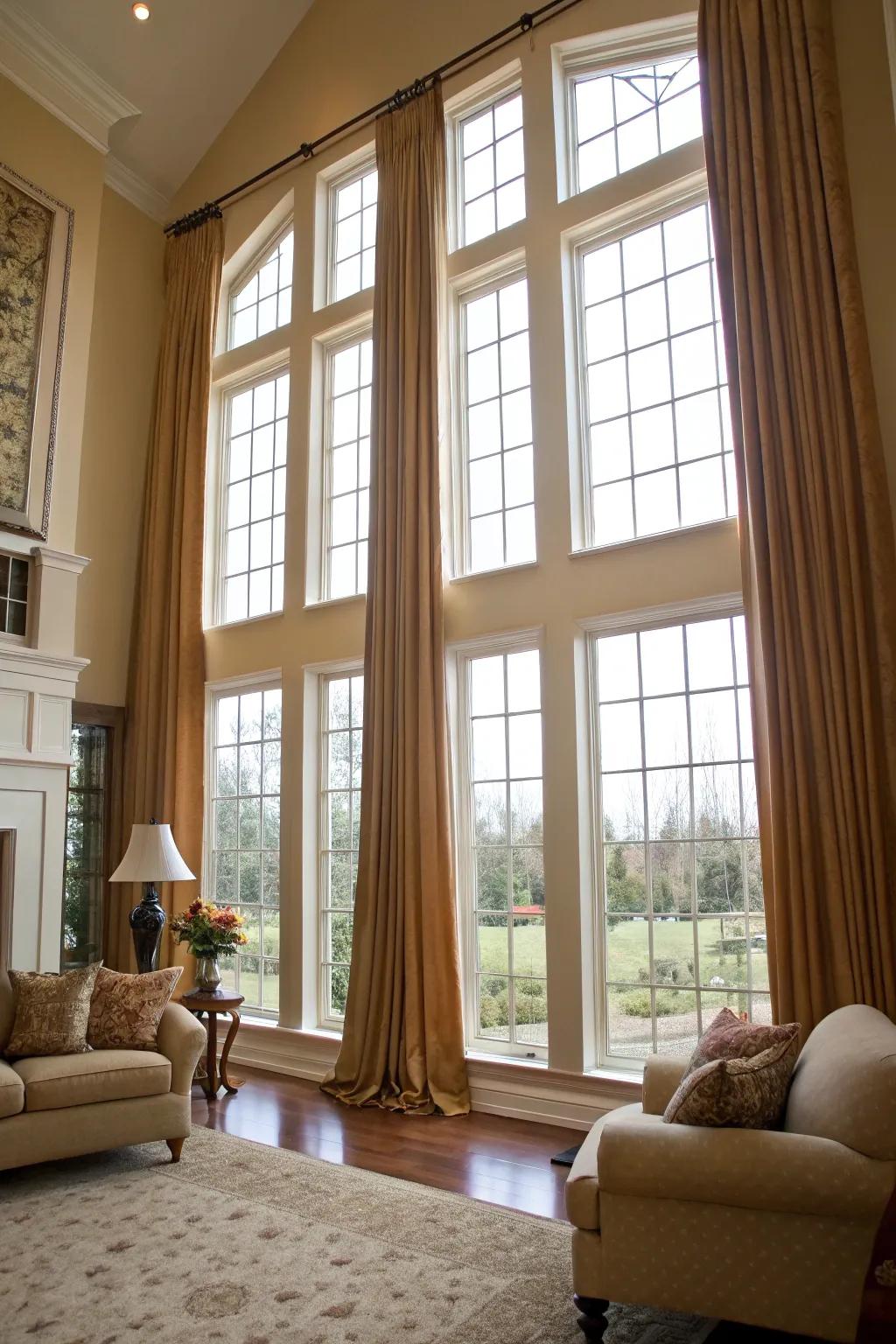 Drapes extending from floor to ceiling highlight the verticality of this living space.