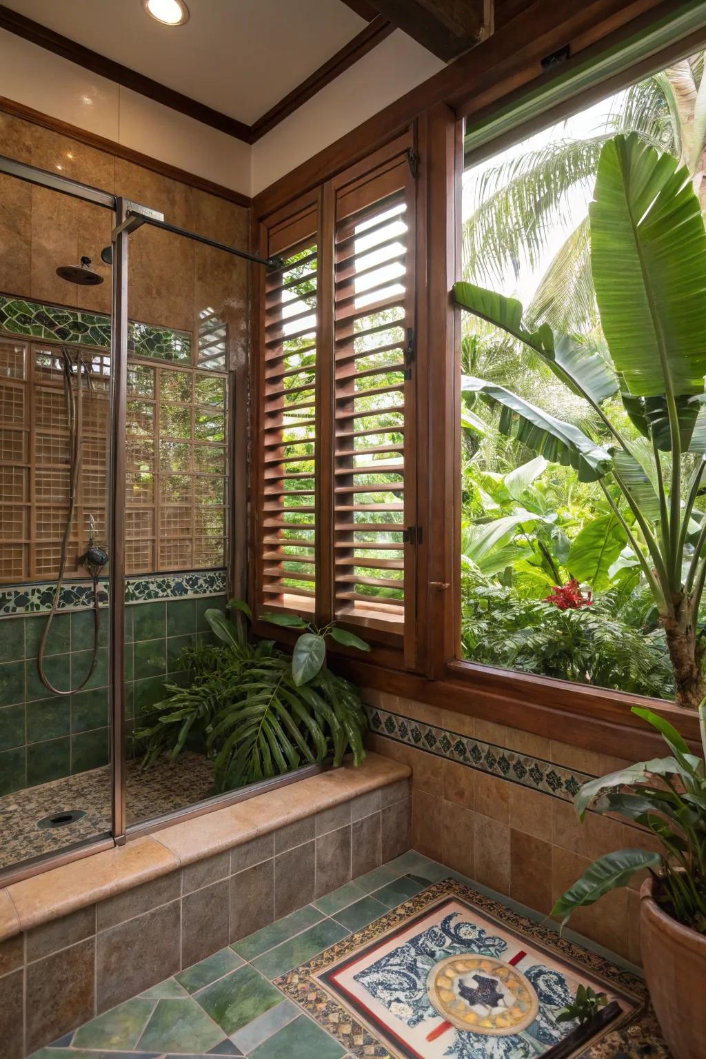 Jalousie windows successfully bring an indoor-outdoor sensation to your shower area.