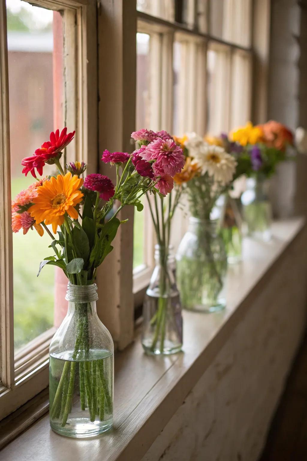 Vases brimming with blossoms contribute a burst of color and vitality.