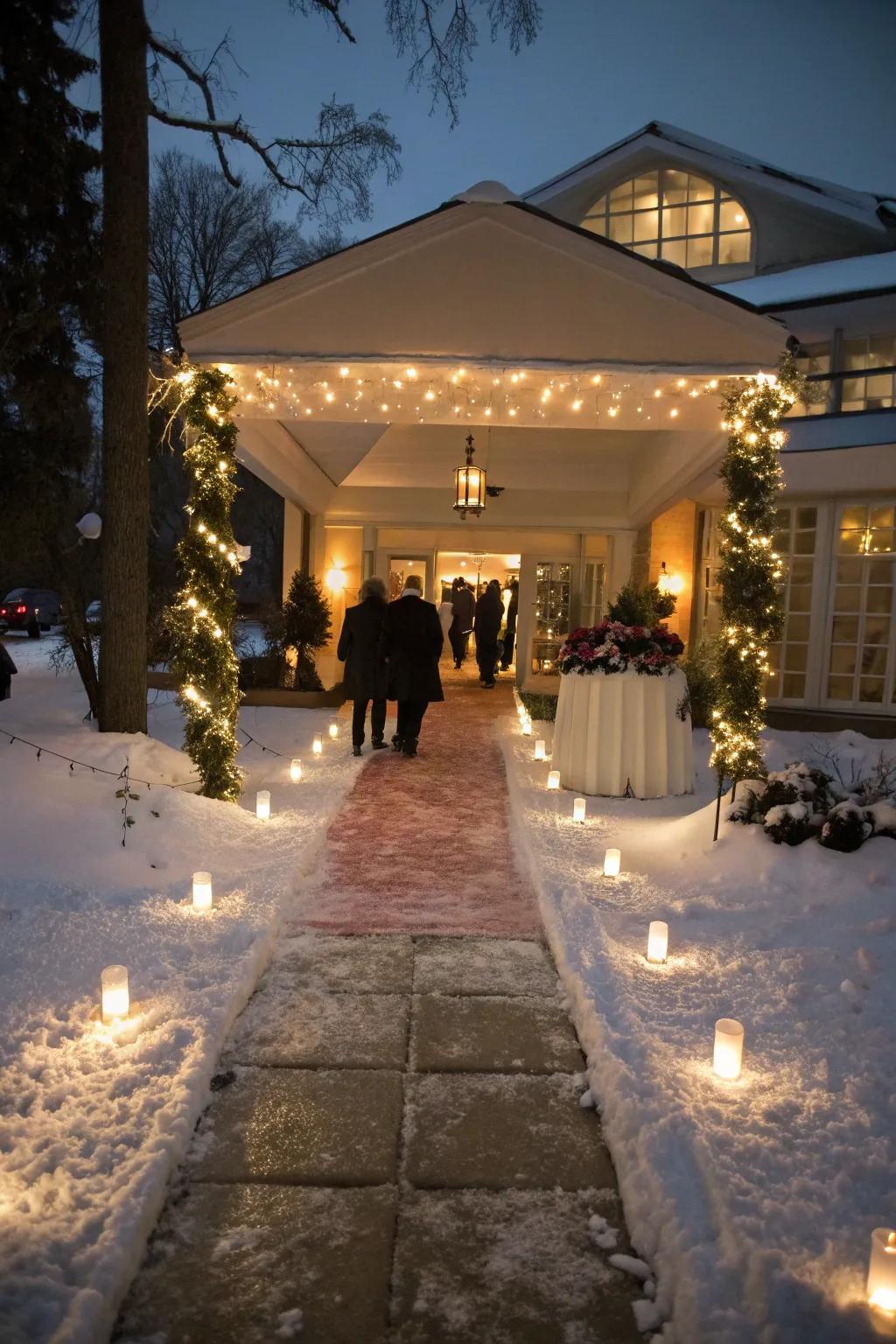 A snowy pathway establishes the scenario for a magical gateway.