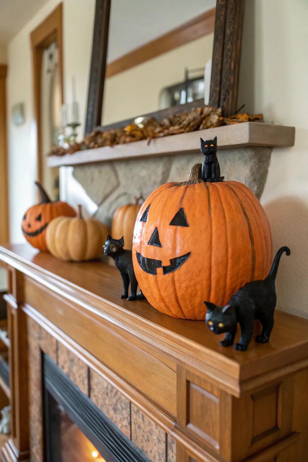 Jack-o'-lantern accompanied by enigmatic ebony felines.