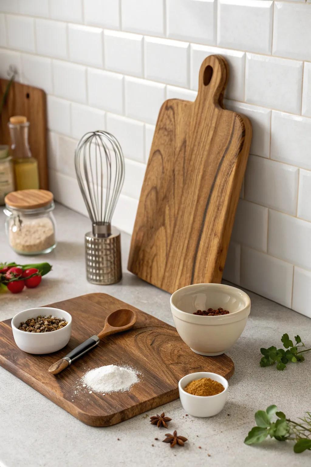 Inject dimension into your kitchen using a leaning timber board.
