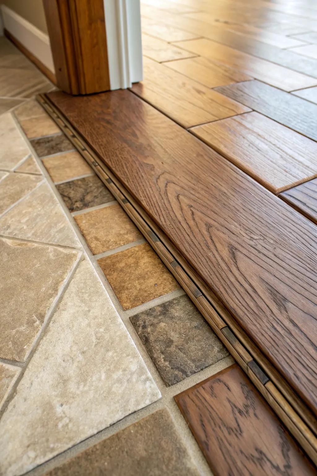 A close-up of a threshold trim tidying up the transition between tiled and wooden flooring.