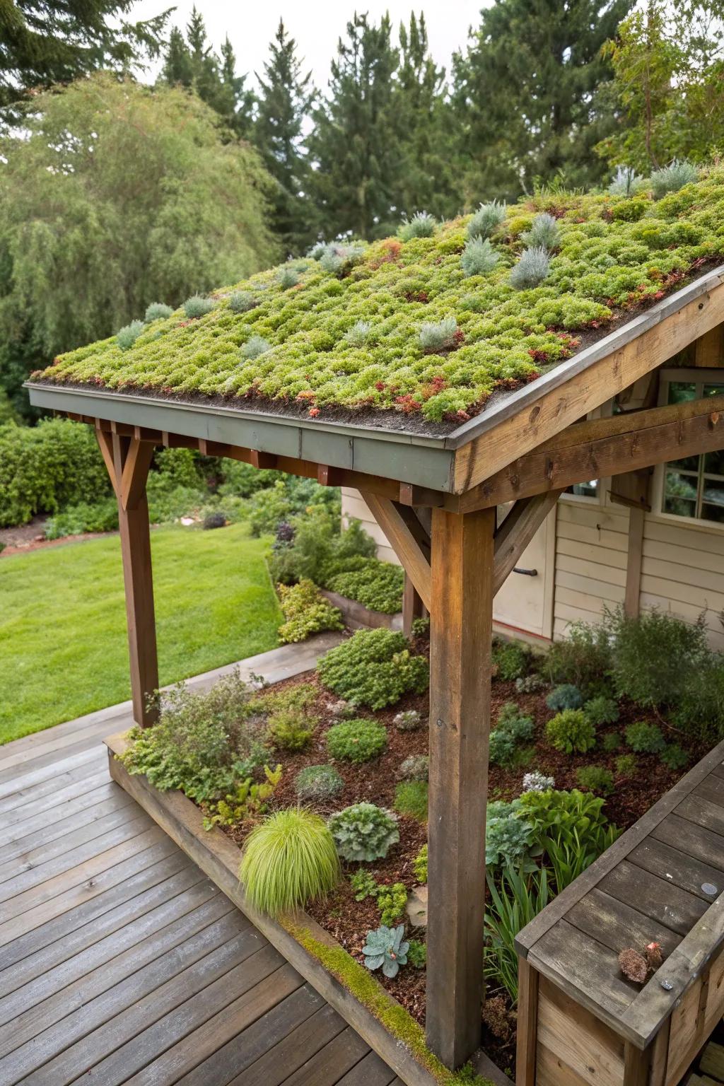 A thriving green roof crowning a timber patio roof.