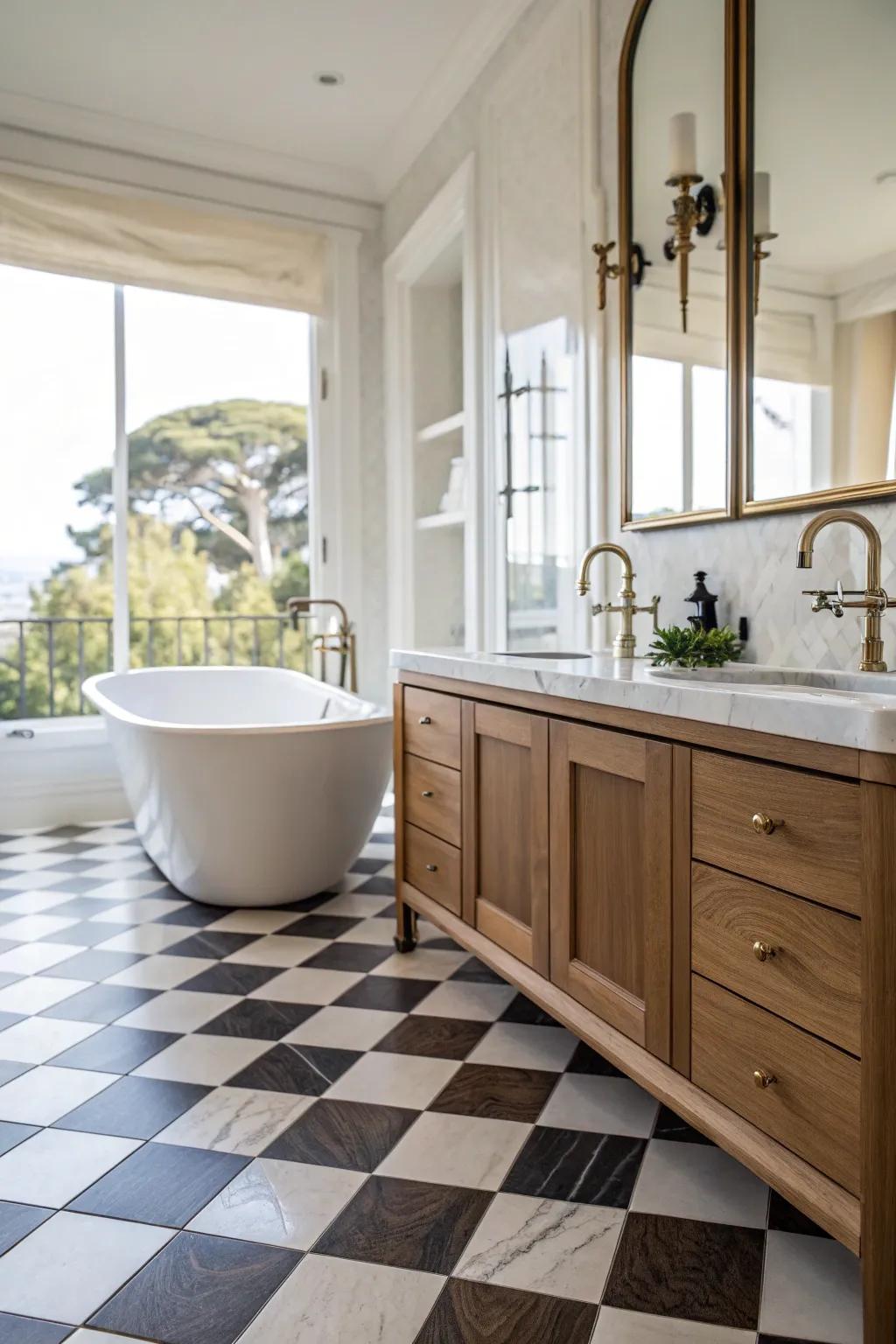 A stylish bathroom featuring a playful checkerboard wood floor.