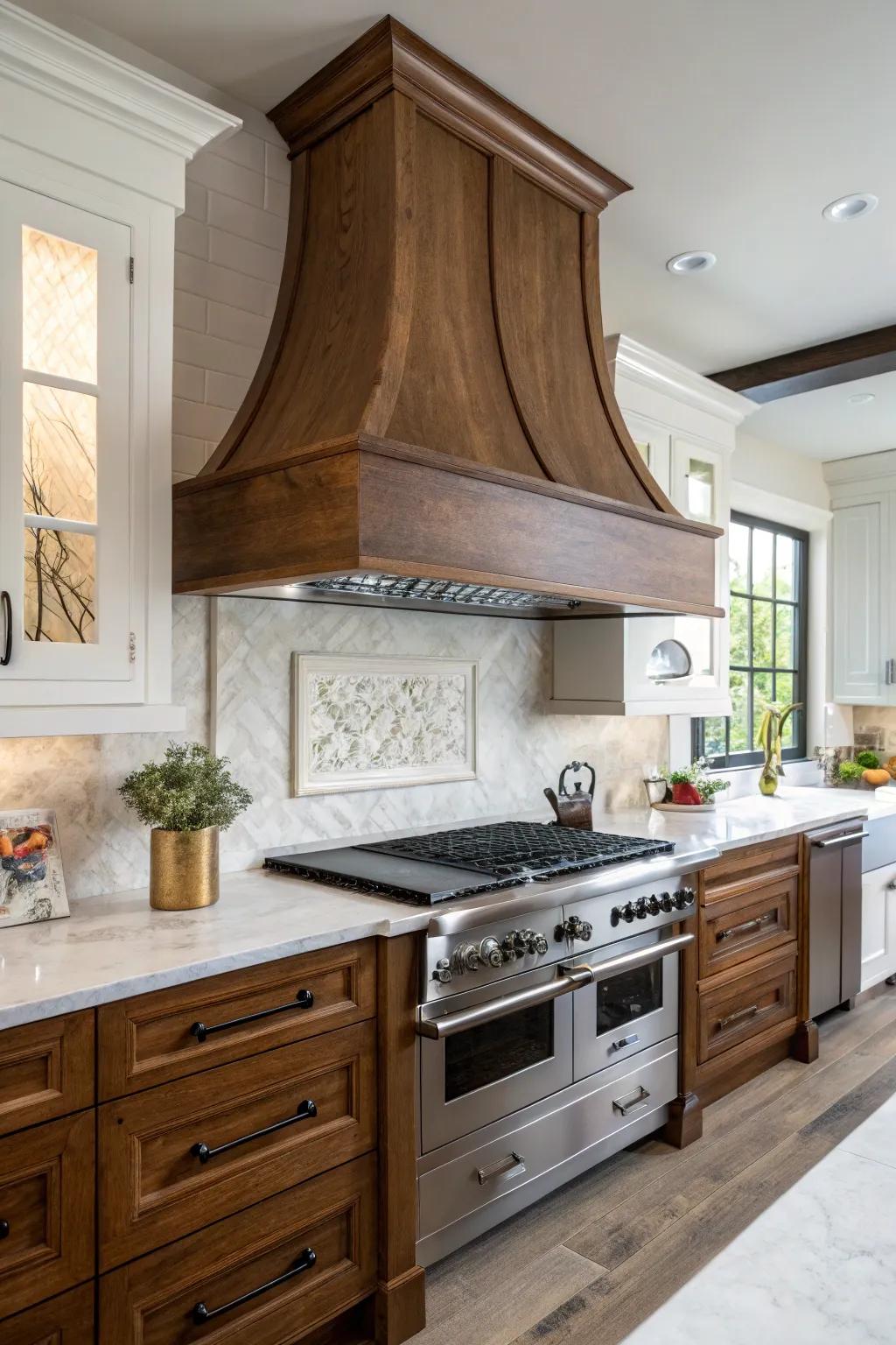 A striking timber chimney hood can function as an eye-catching declaration piece.