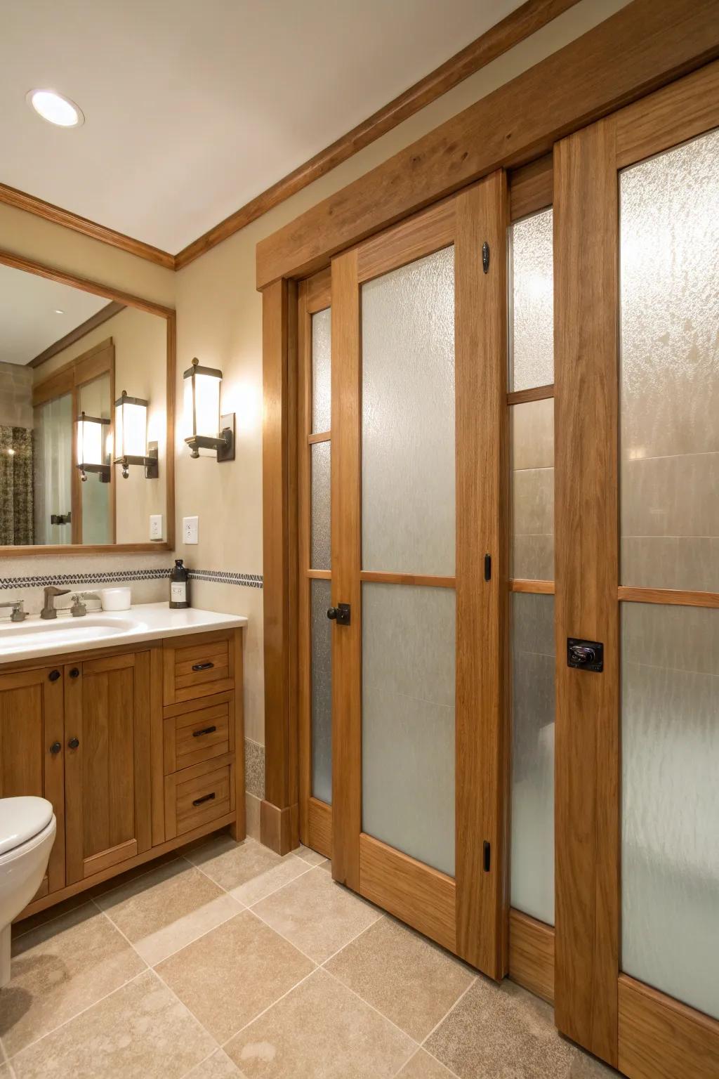 Blurred glass and wood achieve a harmonious fusion of privacy and design.
