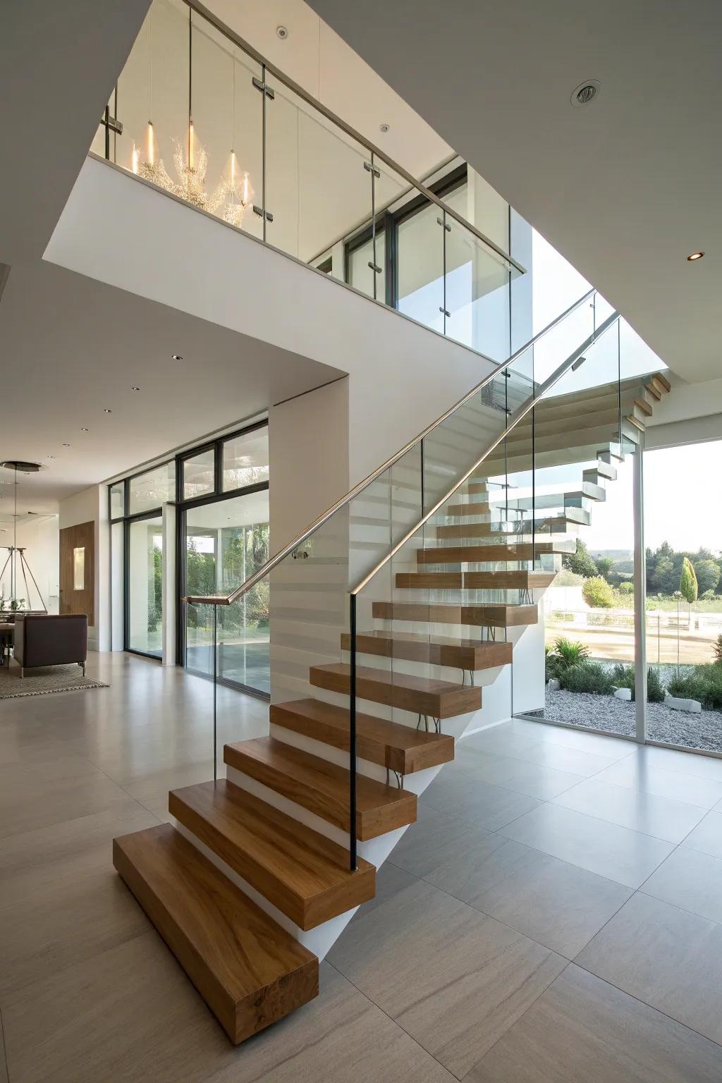 Otherworldly elegance: floating steps with minimalist rails.