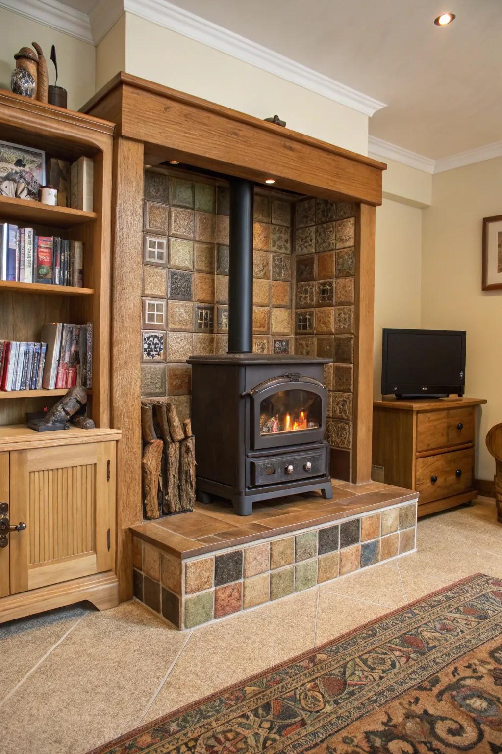 Tile surrounds that include storage build practicality and beauty into your wood-burning stove space.