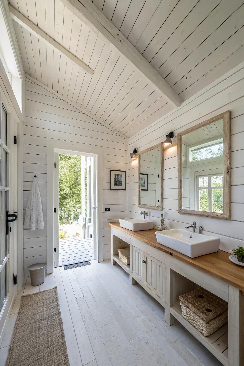 Chalked wood paneling brightens up this welcoming bathroom.