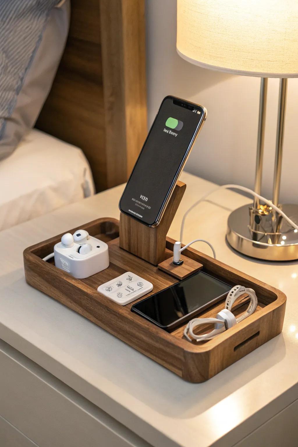 Timber gadget docks ensure your essentials are neatly arranged.