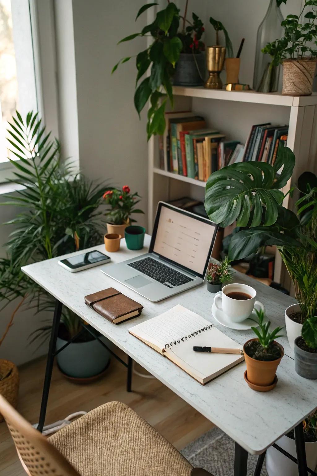 The introduction of plants brings tranquility and freshness into your workspace.