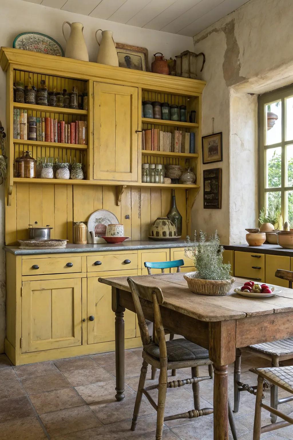 Rustic charm with distressed yellow cabinetry.