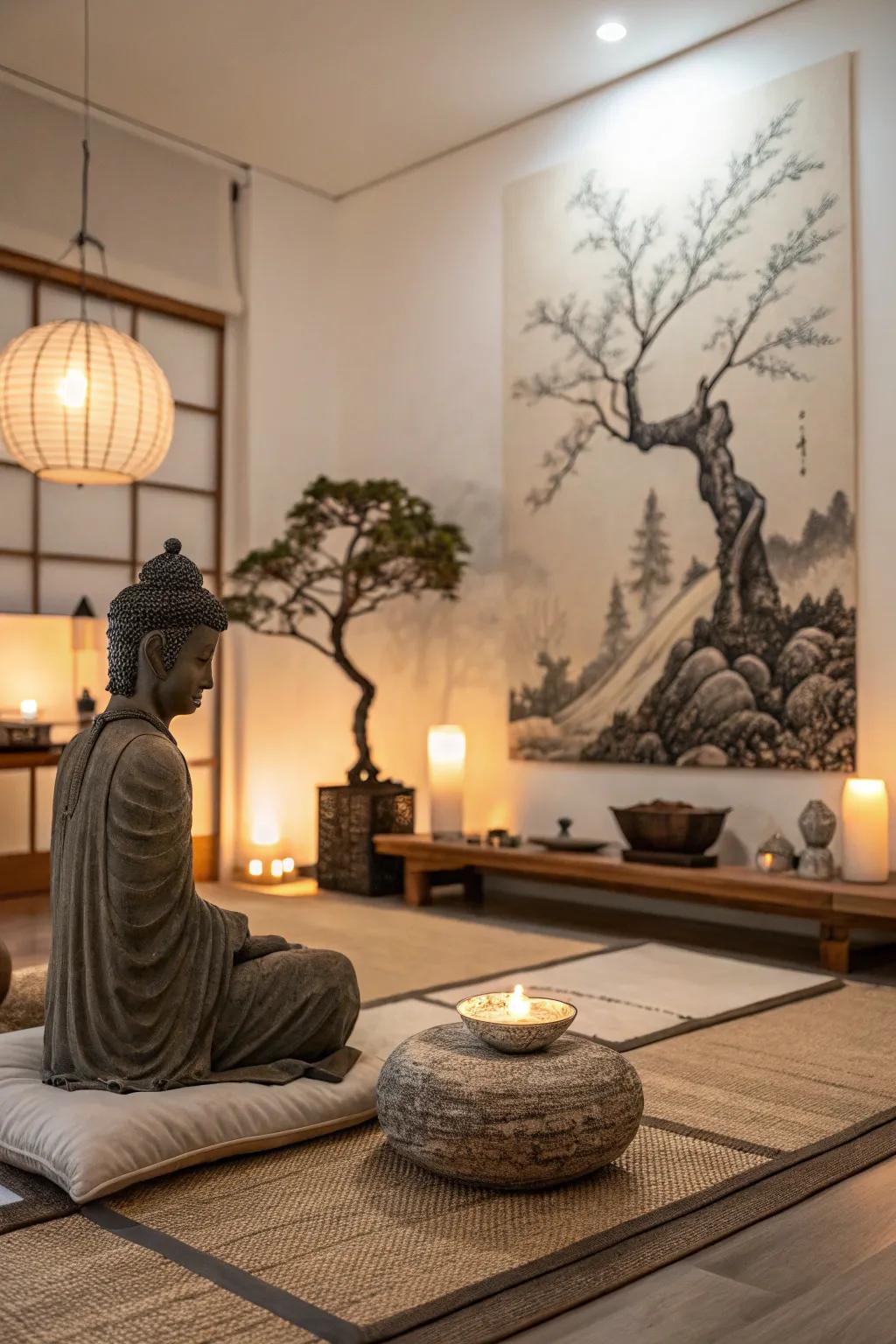 Nature-inspired art creates a meditative focal point.