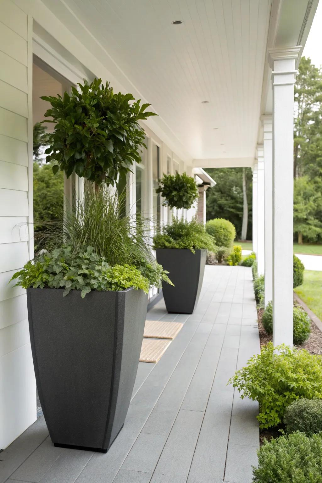 Striking planters make a statement on a modern porch.