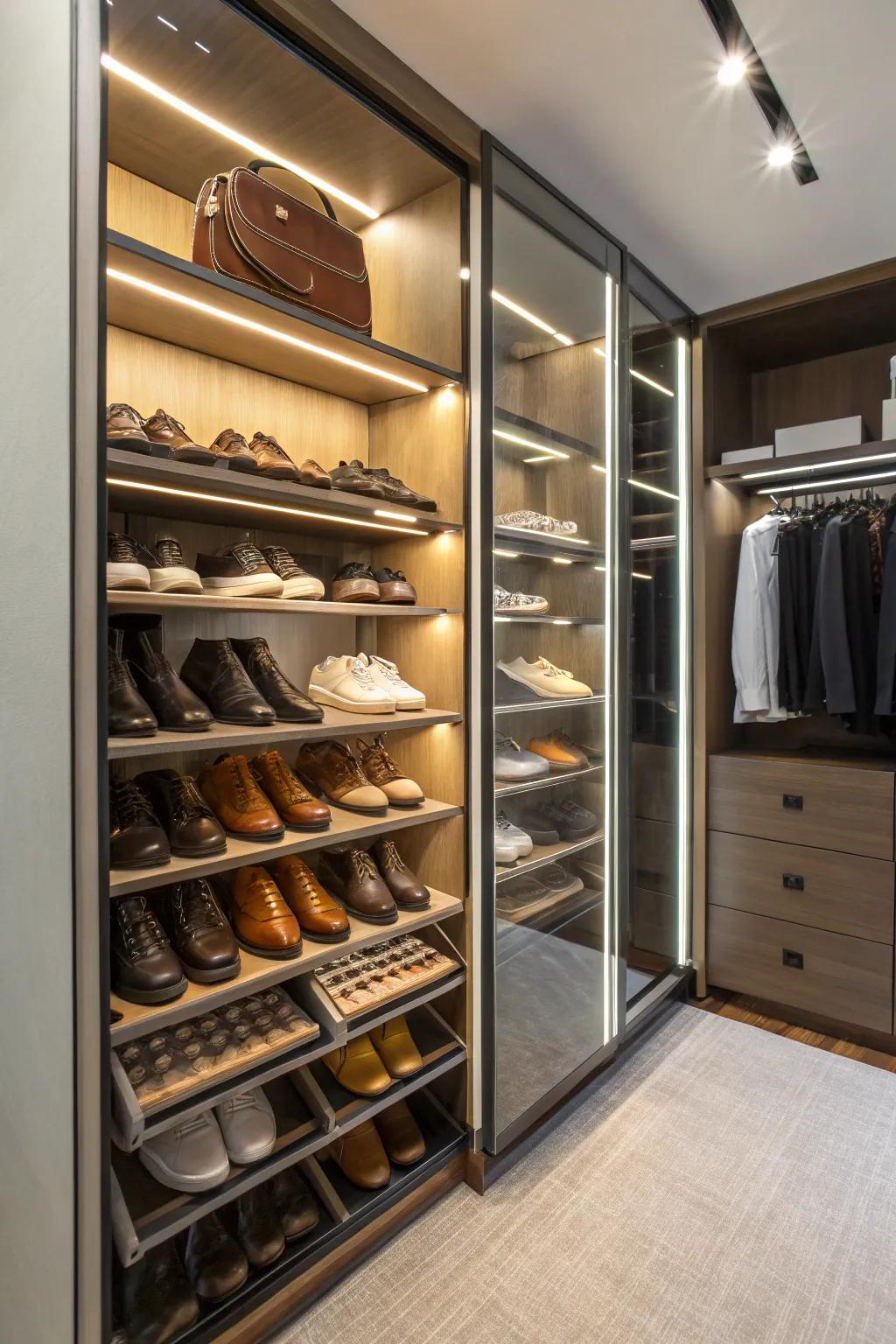 Shoe racks made to order for a well-organized closet.