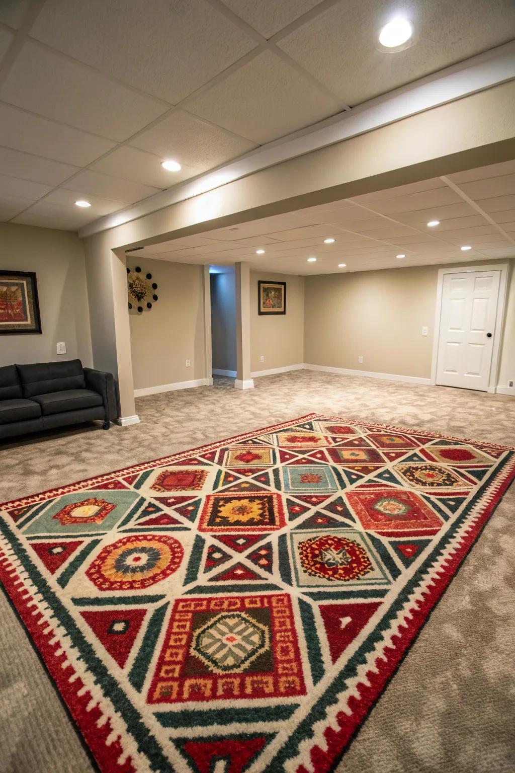 Patterned mats function as a vibrant central element.