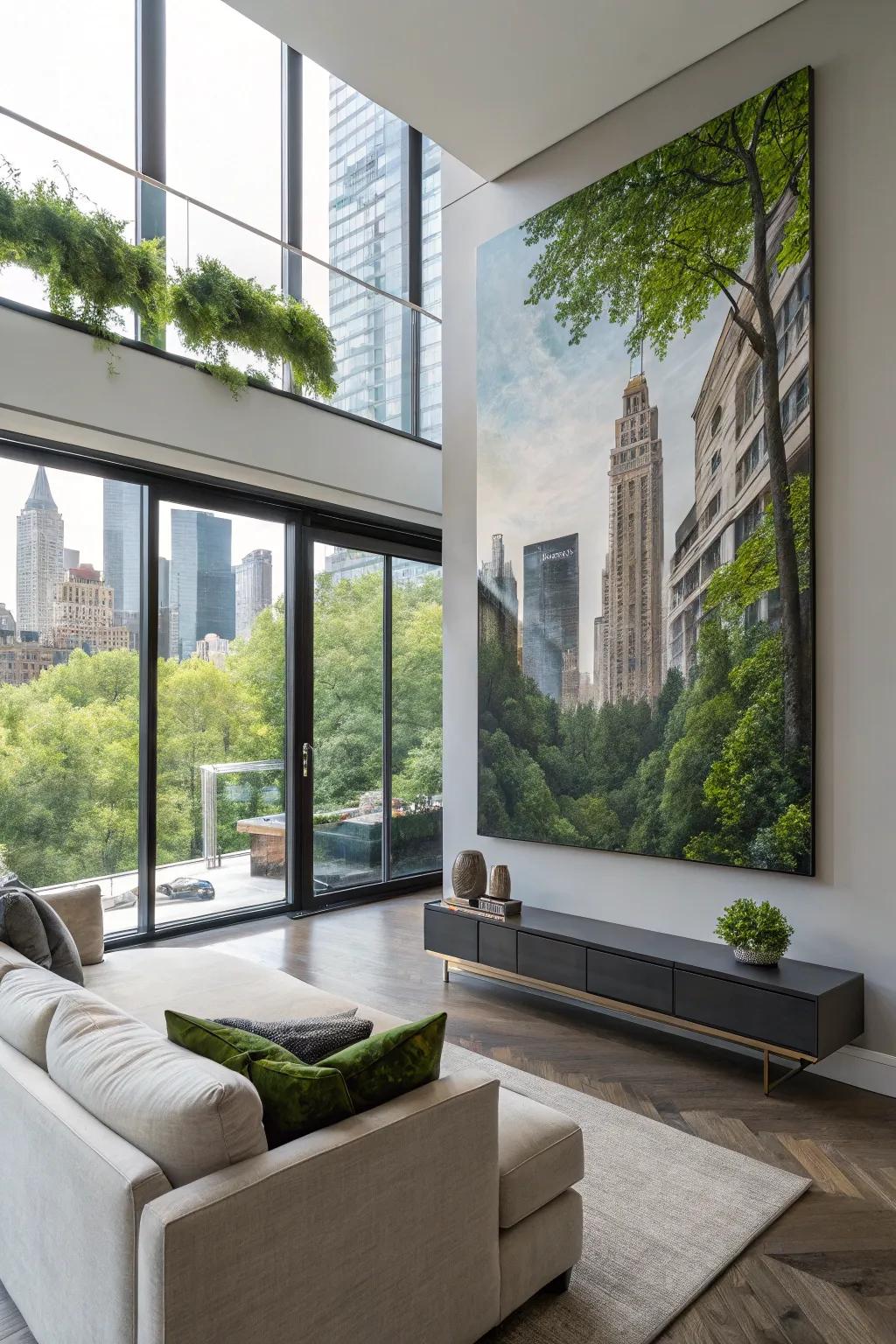 Urban and natural elements harmoniously combined in an abstract artwork