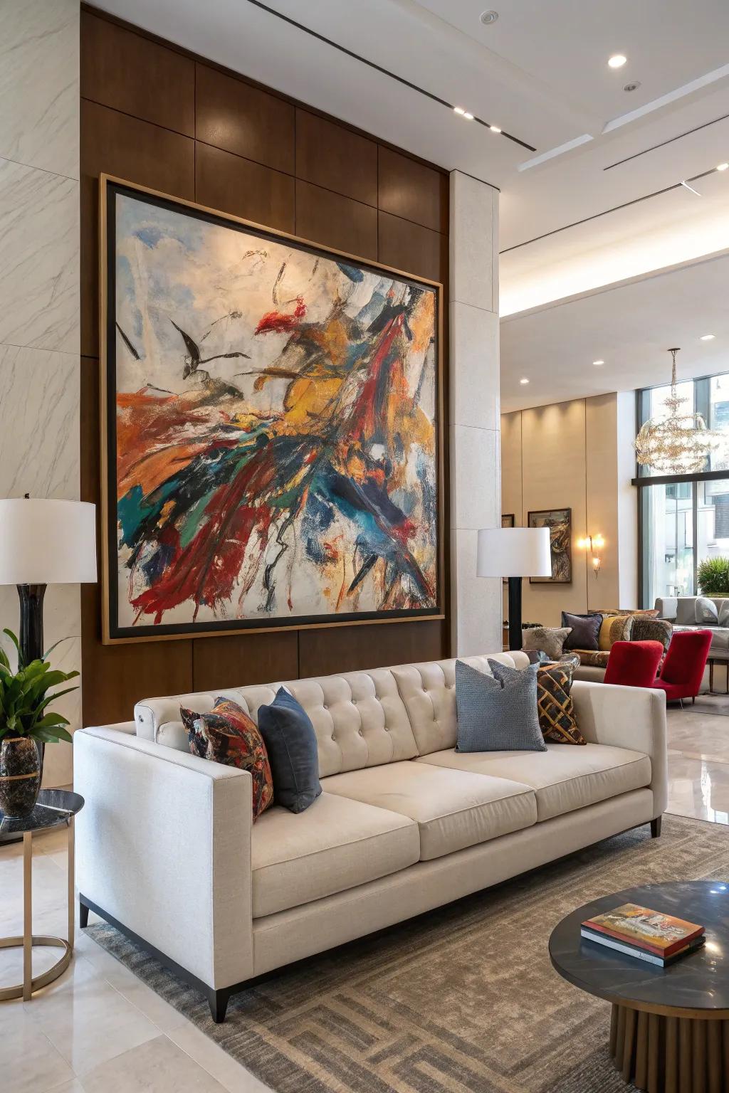 A daring central point above the couch anchors the room.