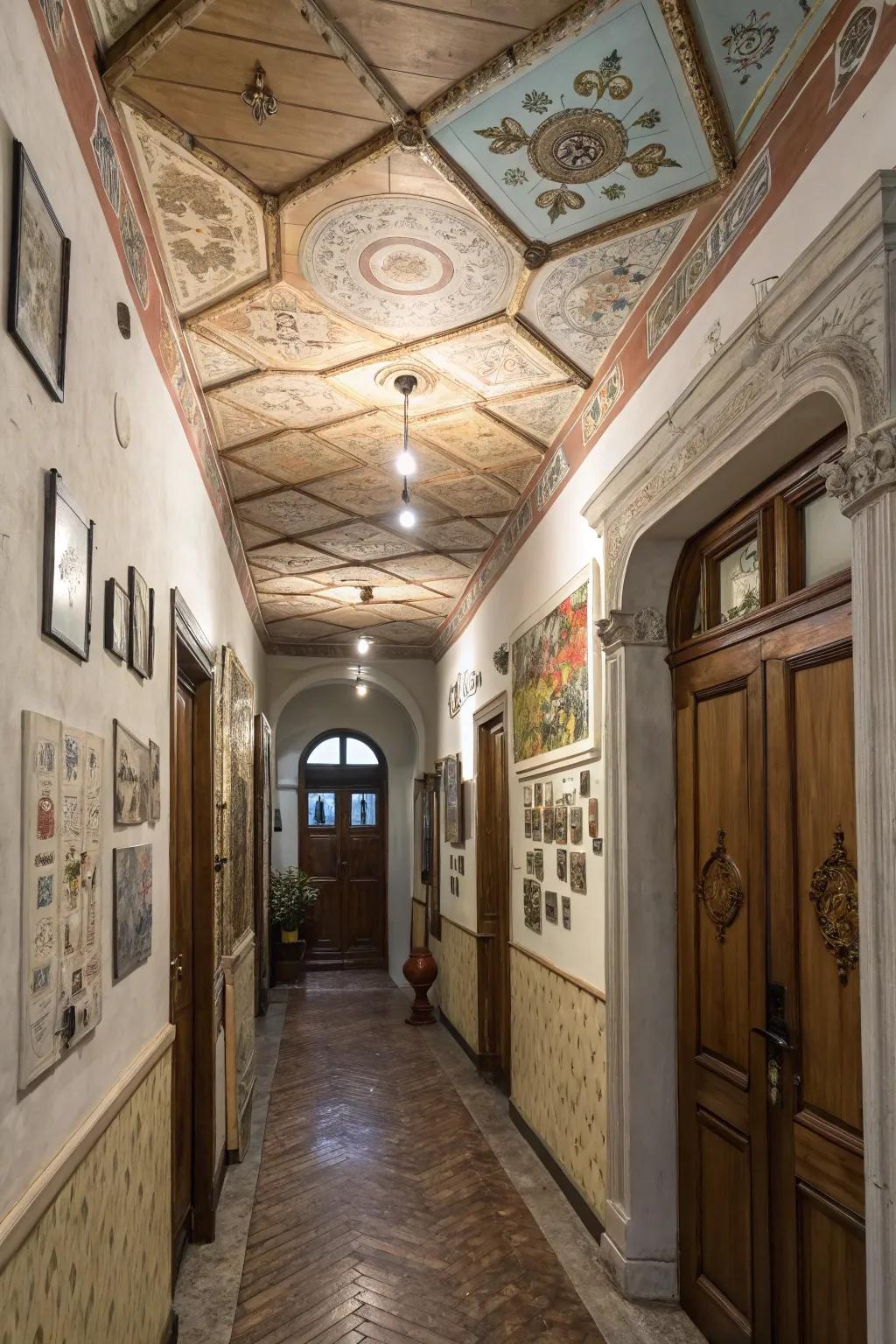 A mix of materials achieves a distinctive ceiling design.