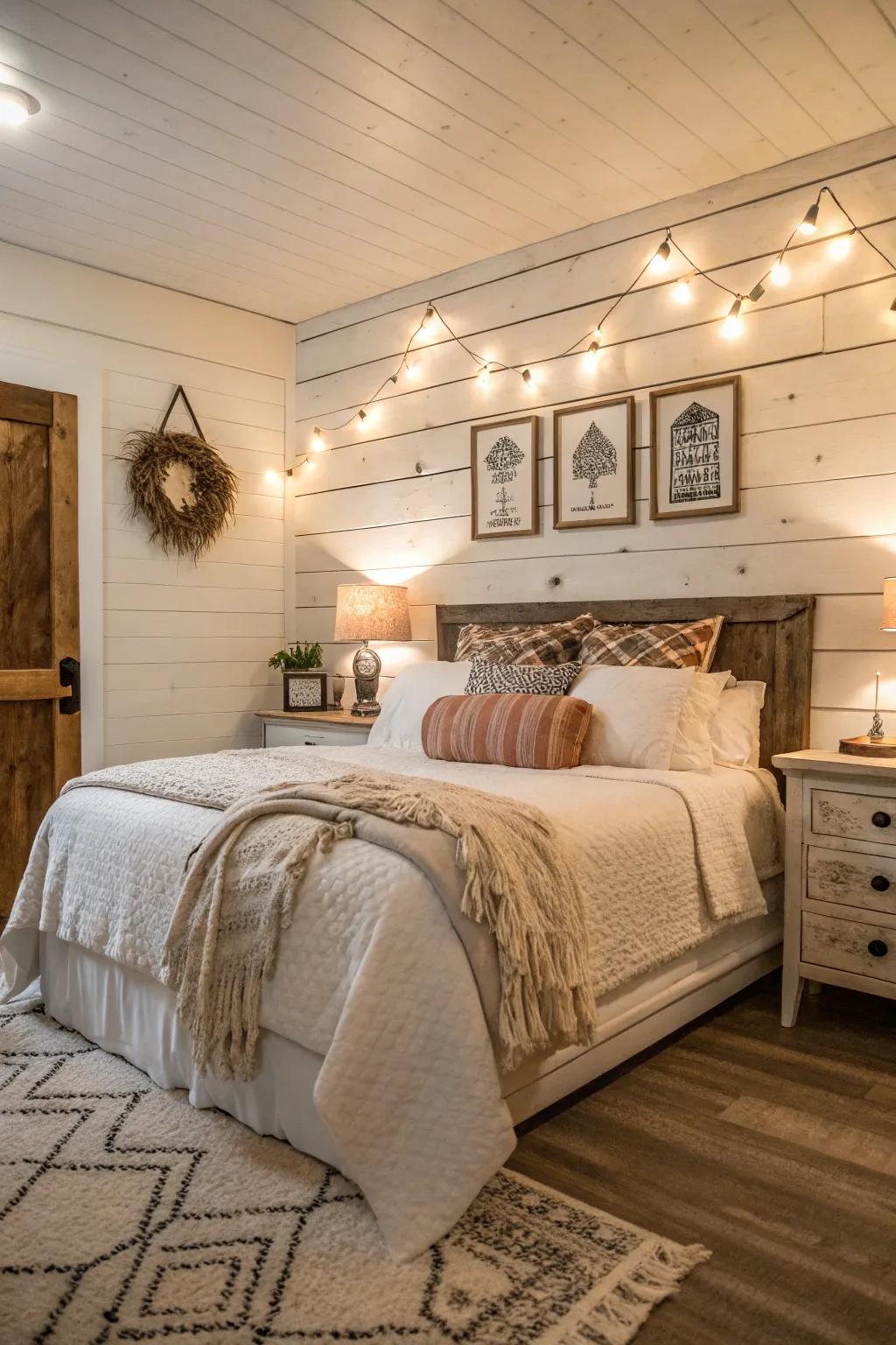 Horizontal boards on the chosen wall makes material and a comfortable country sensation.