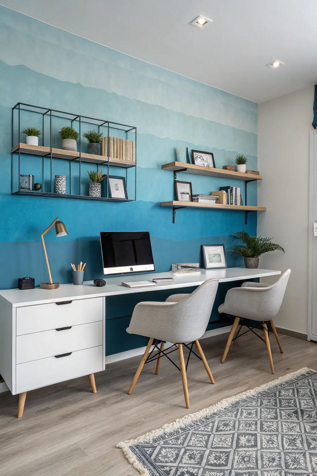 A creative workspace featuring an inspiring ombre accent wall.