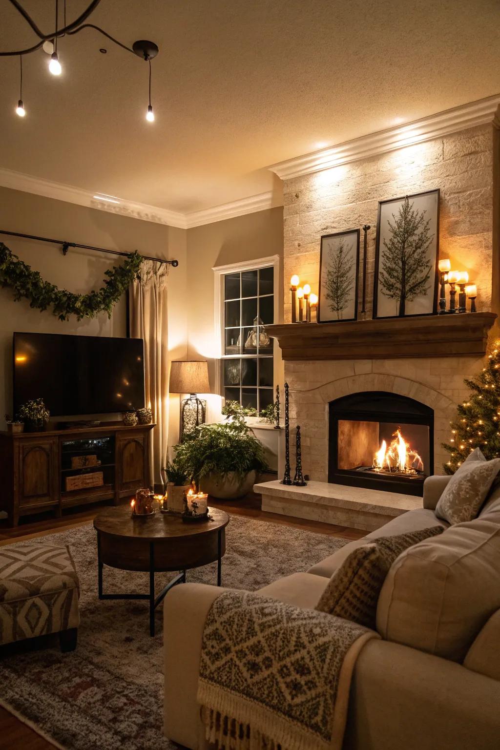 Ambient illumination highlights the fireplace's structural allure.