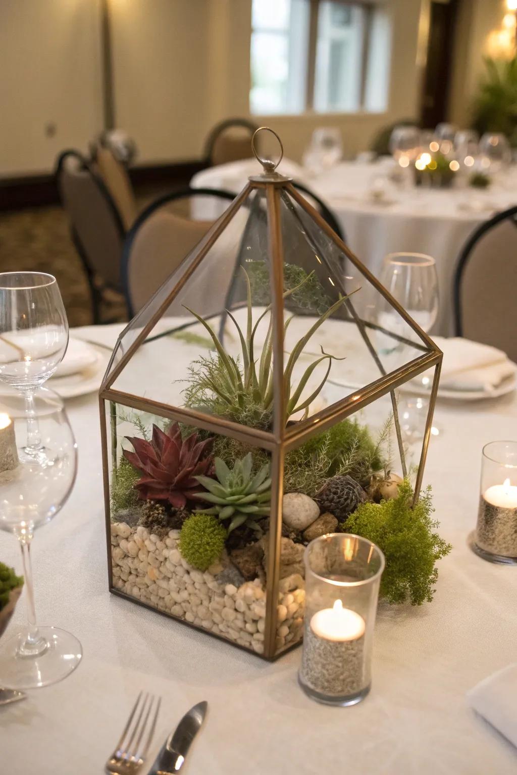 Air plants showcased in an open greenhouse centerpiece.
