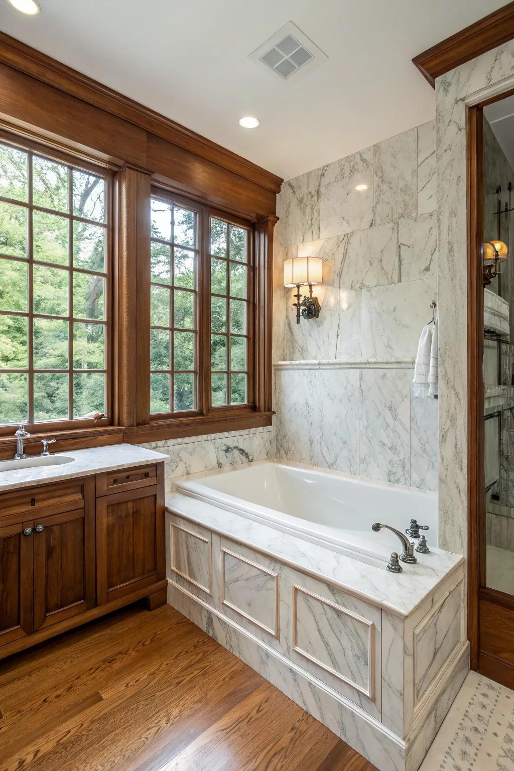 Achieve a sophisticated look with a mix of marble and wood.