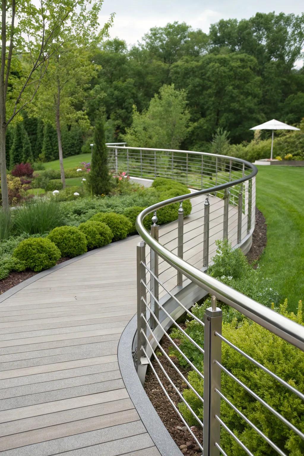 Arched aluminum railings imbuing elegance to garden paths.